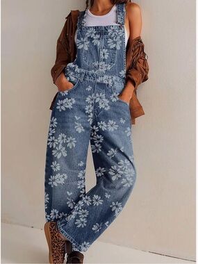 Floral Print Denim Overalls - Blue